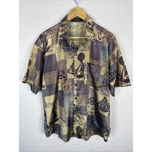 T. Corner Thai Silk Men L Short  Sleeve Button Up Shirt Vintage Air Balloon